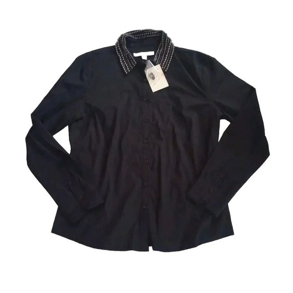 Boston Proper Button Up Blouse SZ 14 New Black Stretch Beaded Collar Long Sleeve - Picture 1 of 8